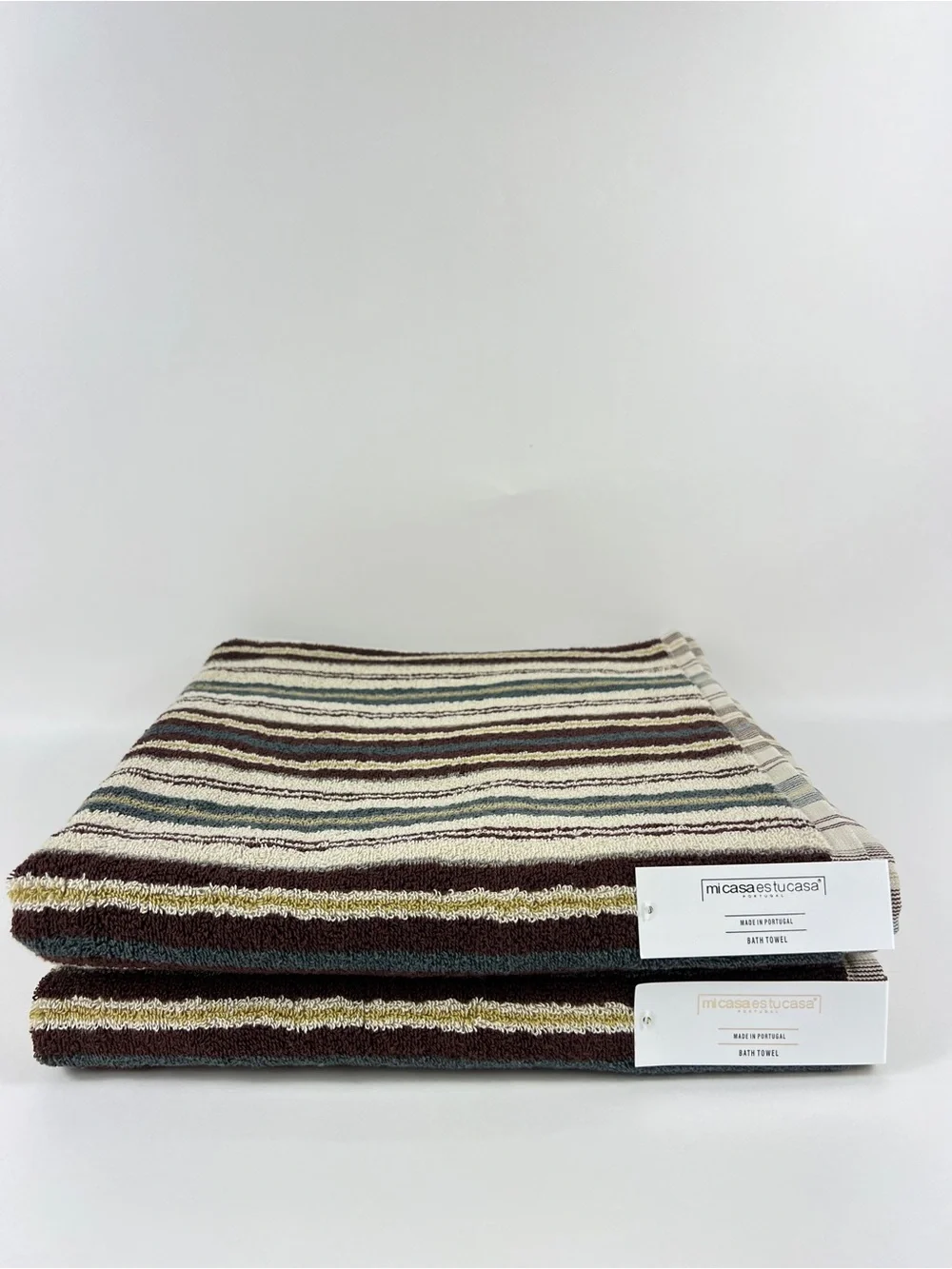 Mi Casa Es Tu Casa Bathroom Towel Set Brown Teal Tan Stripe 100% Cotton 6 Pc NEW